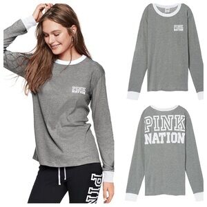 Vs Victorias Secret PINK LONG SLEEVE RINGER TEE SHIRT TOP CLAY GREY M
